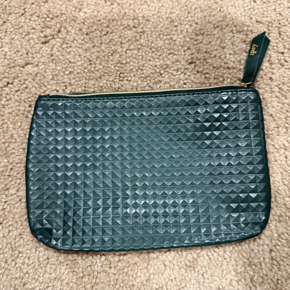 Ipsy Green Geometric Textured Makeup Bag Toiletry Bag Pencil Pouch Trap Sack